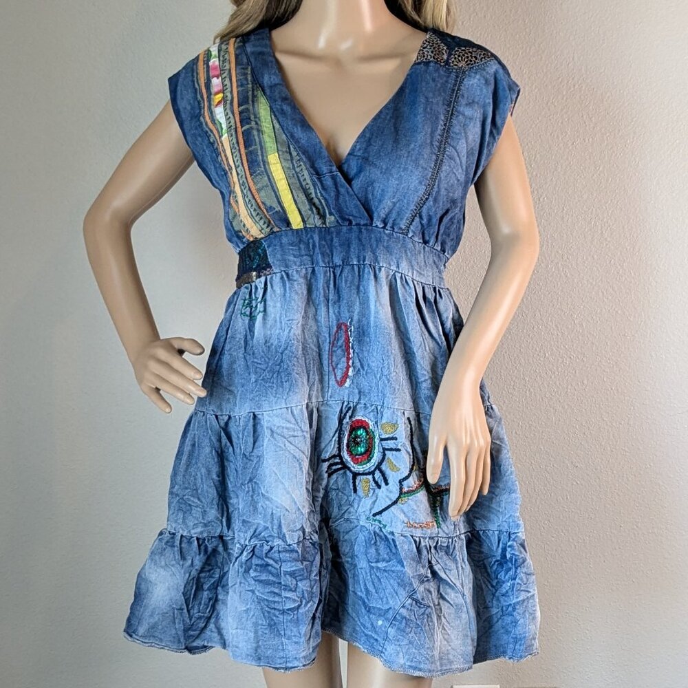 Desigual Dress Women's 38 Blue Denim Patchwork Distressed Sleeveless V-Neck Boho